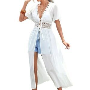 SHEIN White Eyelet Crochet Tie Front Lace Swim Coverup